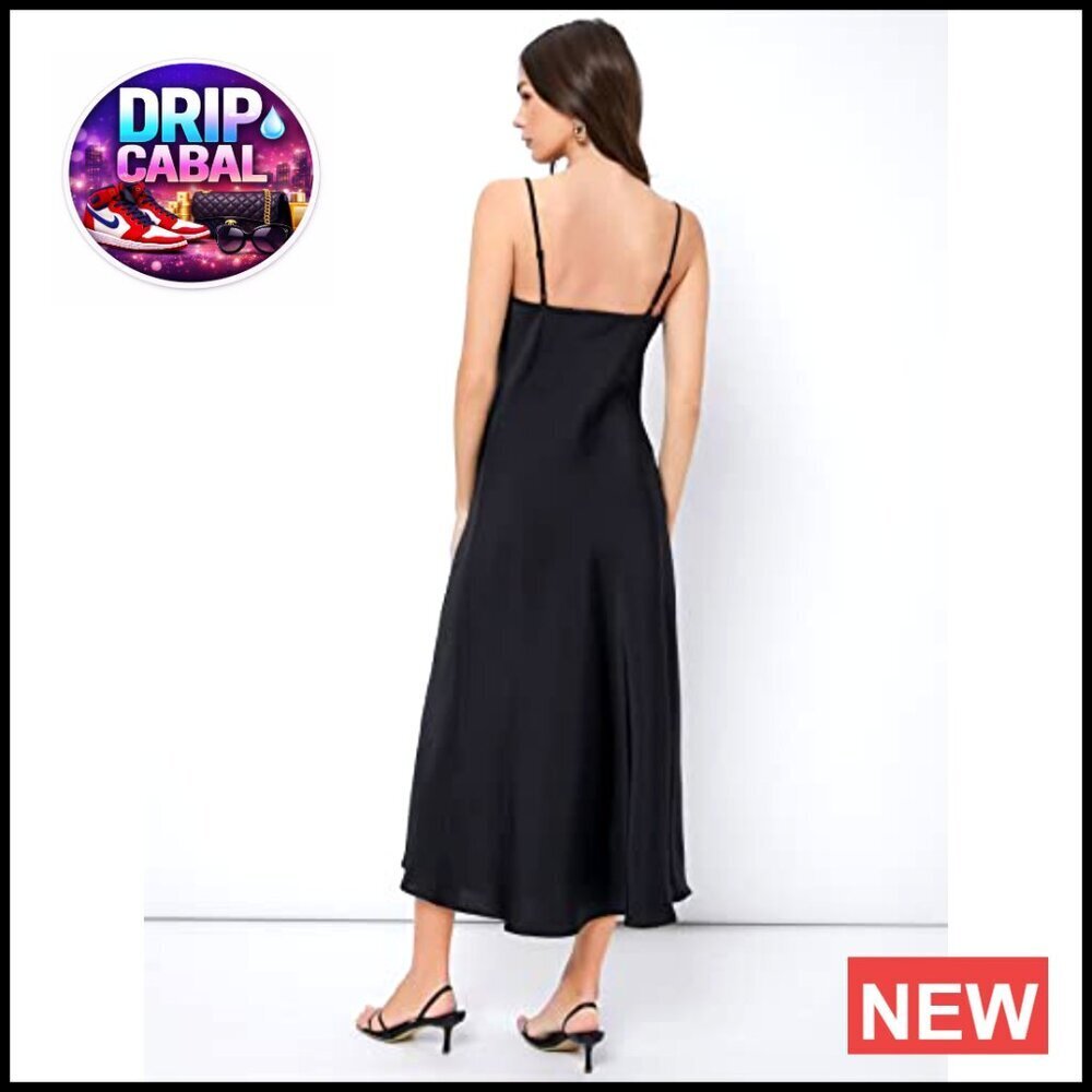 Satin Silk Slip Dress Elegant Minimal Cowl Neck Spaghetti Strap Midi Length - Picture 2 of 5